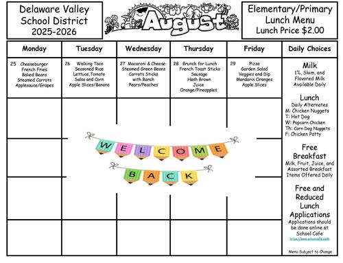 August Lunch menu